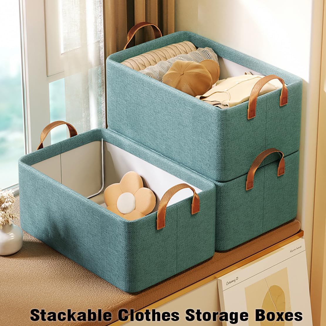 4 Pcs Closet Clothes Organizer with Handle, Closet Shelf Fabric Storage Box Steel Frame, Stackable Shelf Storage Baskets Foldable Wardrobe Storage Box for Clothes Pants, 23L (2 Gray 2 Beige)