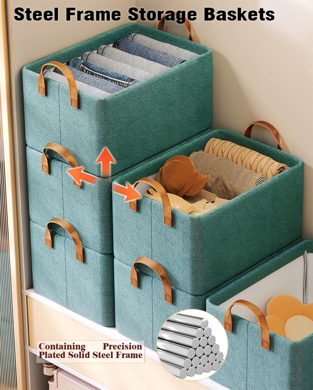 4 Pcs Closet Clothes Organizer with Handle, Closet Shelf Fabric Storage Box Steel Frame, Stackable Shelf Storage Baskets Foldable Wardrobe Storage Box for Clothes Pants, 23L (2 Gray 2 Beige)