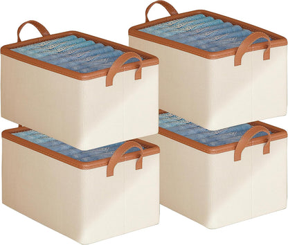 4 Pcs Closet Clothes Organizer with Handle, Closet Shelf Fabric Storage Box Steel Frame, Stackable Shelf Storage Baskets Foldable Wardrobe Storage Box for Clothes Pants, 23L (2 Gray 2 Beige)