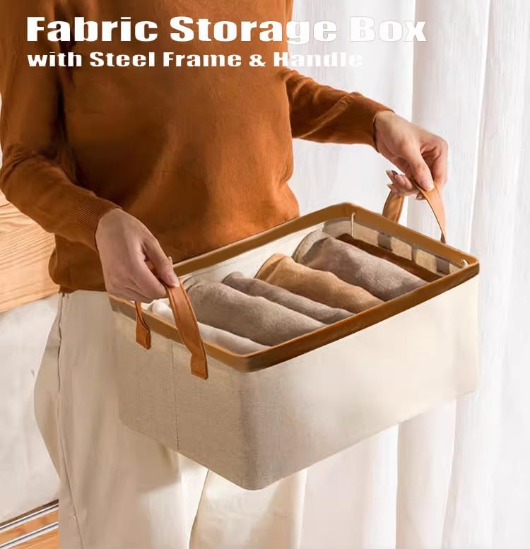 4 Pcs Closet Clothes Organizer with Handle, Closet Shelf Fabric Storage Box Steel Frame, Stackable Shelf Storage Baskets Foldable Wardrobe Storage Box for Clothes Pants, 23L (2 Gray 2 Beige)