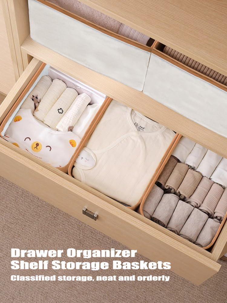 4 Pcs Closet Clothes Organizer with Handle, Closet Shelf Fabric Storage Box Steel Frame, Stackable Shelf Storage Baskets Foldable Wardrobe Storage Box for Clothes Pants, 23L (2 Gray 2 Beige)