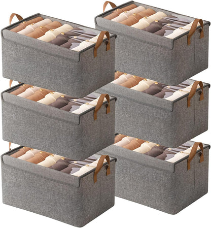 4 Pcs Closet Clothes Organizer with Handle, Closet Shelf Fabric Storage Box Steel Frame, Stackable Shelf Storage Baskets Foldable Wardrobe Storage Box for Clothes Pants, 23L (2 Gray 2 Beige)