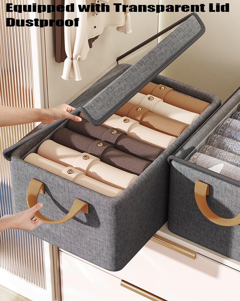 4 Pcs Closet Clothes Organizer with Handle, Closet Shelf Fabric Storage Box Steel Frame, Stackable Shelf Storage Baskets Foldable Wardrobe Storage Box for Clothes Pants, 23L (2 Gray 2 Beige)