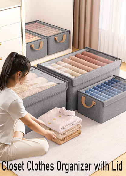4 Pcs Closet Clothes Organizer with Handle, Closet Shelf Fabric Storage Box Steel Frame, Stackable Shelf Storage Baskets Foldable Wardrobe Storage Box for Clothes Pants, 23L (2 Gray 2 Beige)