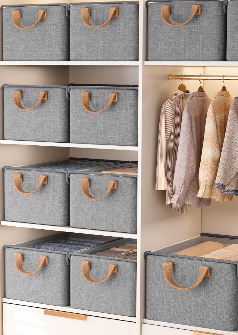 4 Pcs Closet Clothes Organizer with Handle, Closet Shelf Fabric Storage Box Steel Frame, Stackable Shelf Storage Baskets Foldable Wardrobe Storage Box for Clothes Pants, 23L (2 Gray 2 Beige)