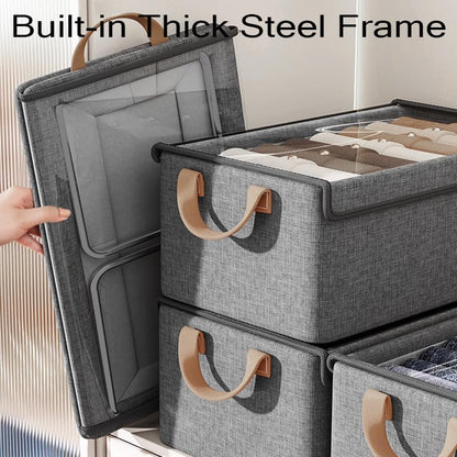 4 Pcs Closet Clothes Organizer with Handle, Closet Shelf Fabric Storage Box Steel Frame, Stackable Shelf Storage Baskets Foldable Wardrobe Storage Box for Clothes Pants, 23L (2 Gray 2 Beige)