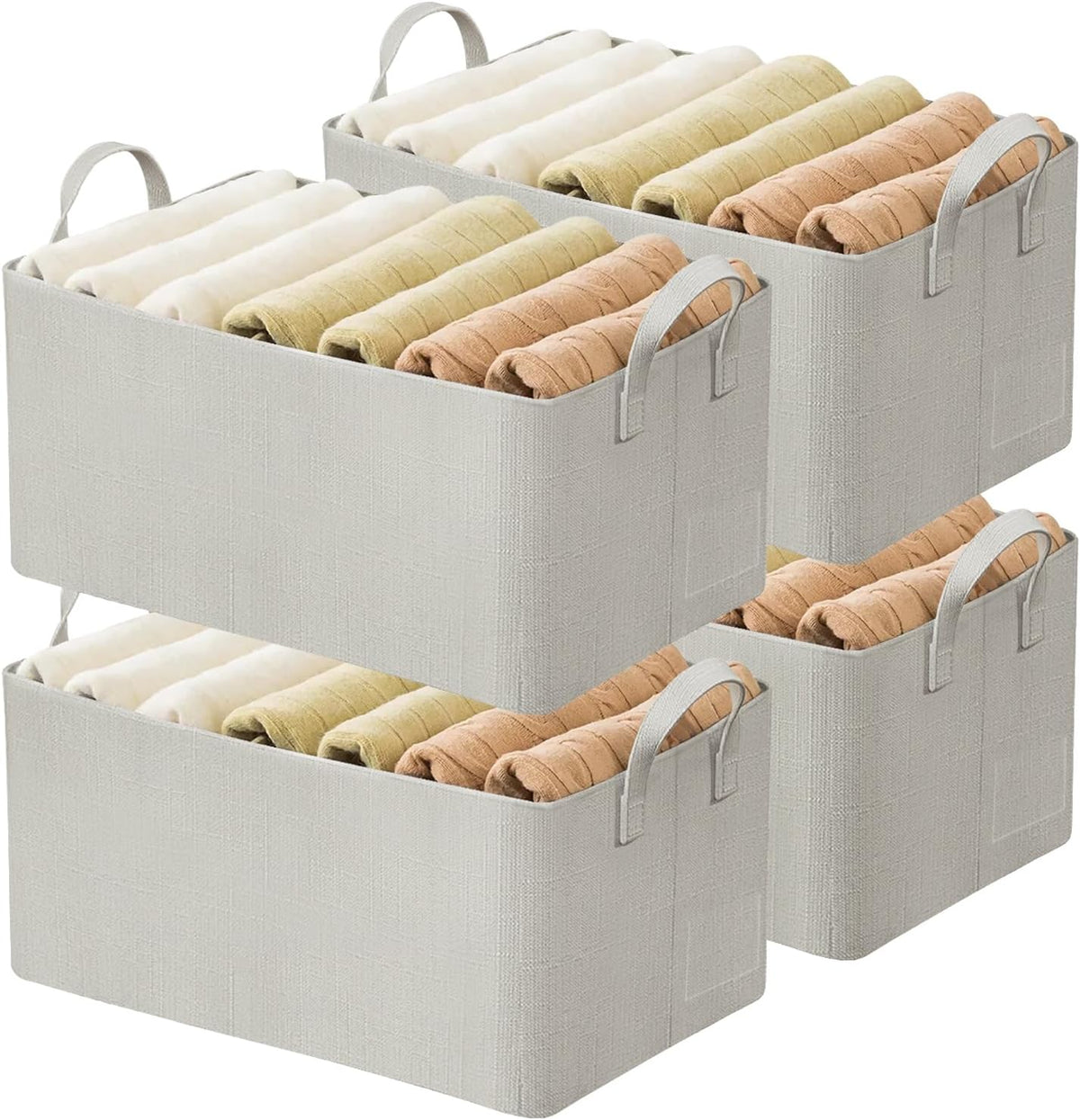 4 Pcs Closet Clothes Organizer with Handle, Closet Shelf Fabric Storage Box Steel Frame, Stackable Shelf Storage Baskets Foldable Wardrobe Storage Box for Clothes Pants, 23L (2 Gray 2 Beige)
