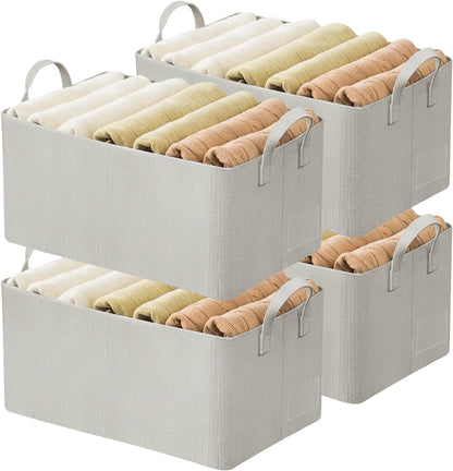 4 Pcs Closet Clothes Organizer with Handle, Closet Shelf Fabric Storage Box Steel Frame, Stackable Shelf Storage Baskets Foldable Wardrobe Storage Box for Clothes Pants, 23L (2 Gray 2 Beige)
