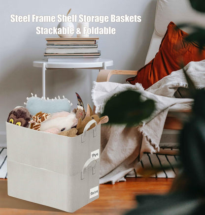 4 Pcs Closet Clothes Organizer with Handle, Closet Shelf Fabric Storage Box Steel Frame, Stackable Shelf Storage Baskets Foldable Wardrobe Storage Box for Clothes Pants, 23L (2 Gray 2 Beige)