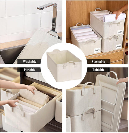 4 Pcs Closet Clothes Organizer with Handle, Closet Shelf Fabric Storage Box Steel Frame, Stackable Shelf Storage Baskets Foldable Wardrobe Storage Box for Clothes Pants, 23L (2 Gray 2 Beige)