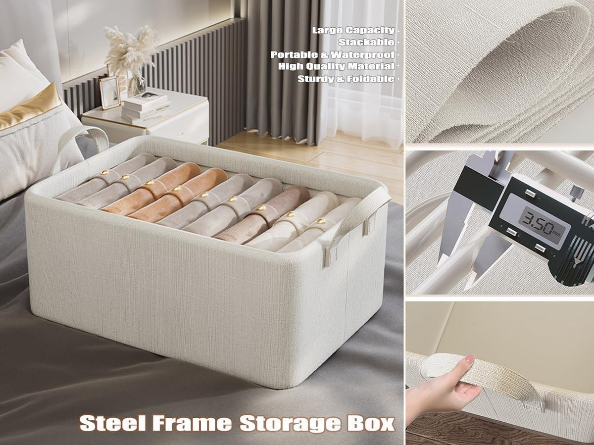 4 Pcs Closet Clothes Organizer with Handle, Closet Shelf Fabric Storage Box Steel Frame, Stackable Shelf Storage Baskets Foldable Wardrobe Storage Box for Clothes Pants, 23L (2 Gray 2 Beige)