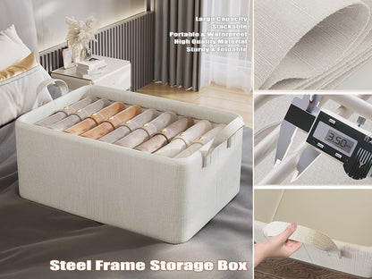 4 Pcs Closet Clothes Organizer with Handle, Closet Shelf Fabric Storage Box Steel Frame, Stackable Shelf Storage Baskets Foldable Wardrobe Storage Box for Clothes Pants, 23L (2 Gray 2 Beige)