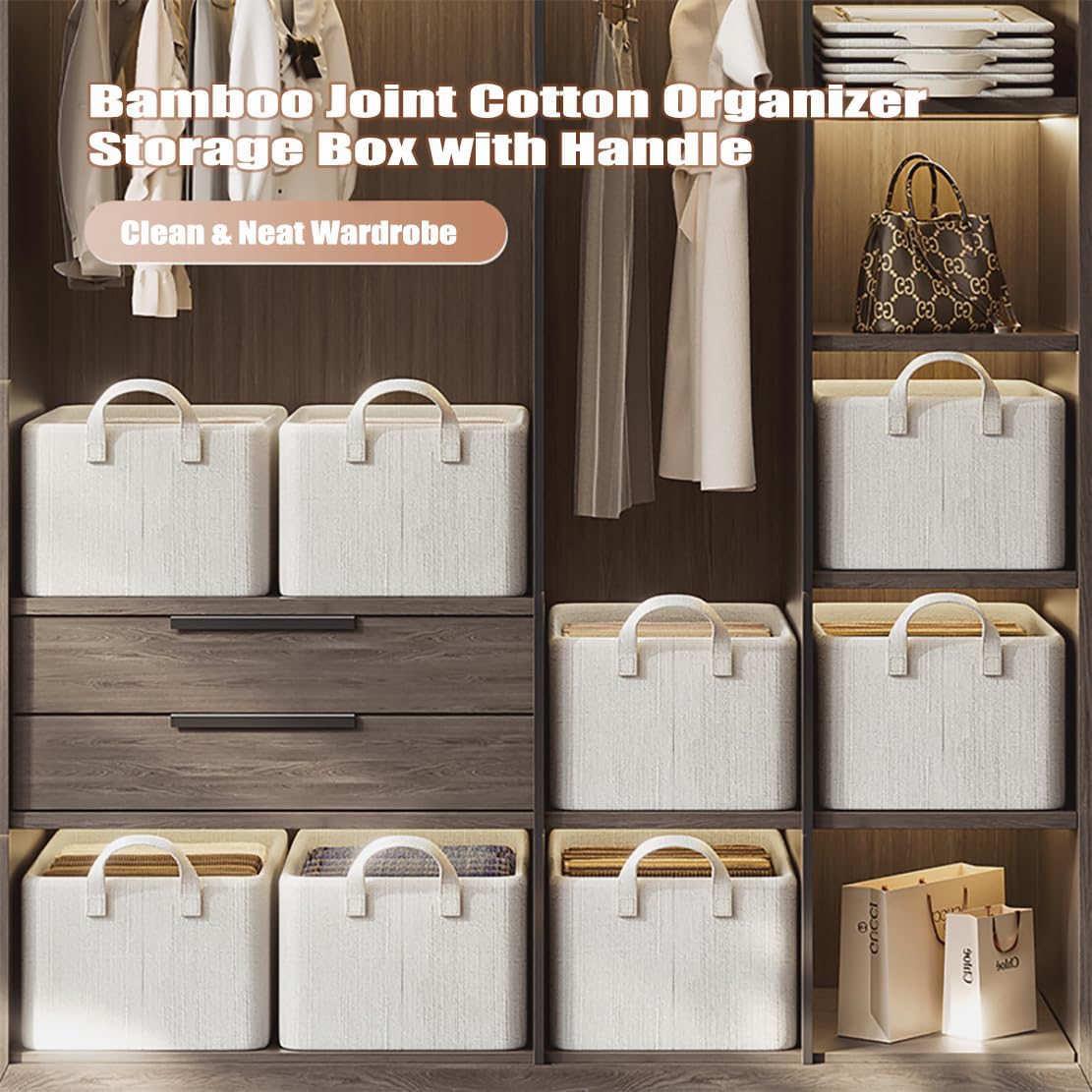 4 Pcs Closet Clothes Organizer with Handle, Closet Shelf Fabric Storage Box Steel Frame, Stackable Shelf Storage Baskets Foldable Wardrobe Storage Box for Clothes Pants, 23L (2 Gray 2 Beige)