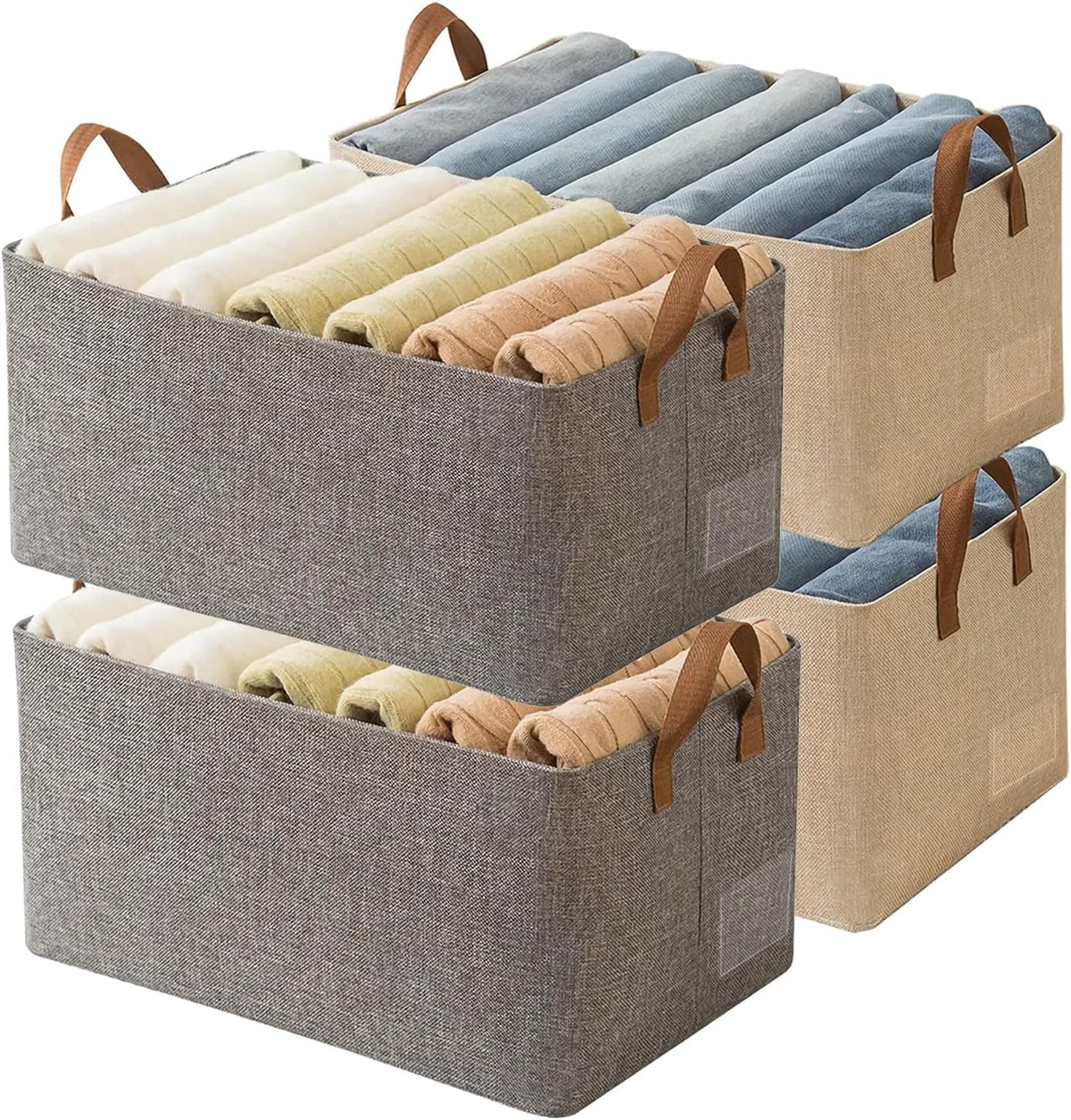 4 Pcs Closet Clothes Organizer with Handle, Closet Shelf Fabric Storage Box Steel Frame, Stackable Shelf Storage Baskets Foldable Wardrobe Storage Box for Clothes Pants, 23L (2 Gray 2 Beige)