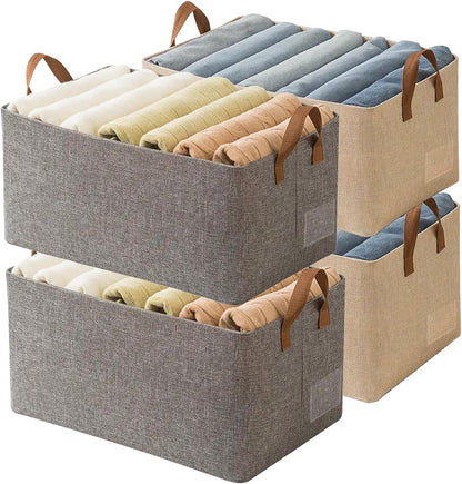 4 Pcs Closet Clothes Organizer with Handle, Closet Shelf Fabric Storage Box Steel Frame, Stackable Shelf Storage Baskets Foldable Wardrobe Storage Box for Clothes Pants, 23L (2 Gray 2 Beige)