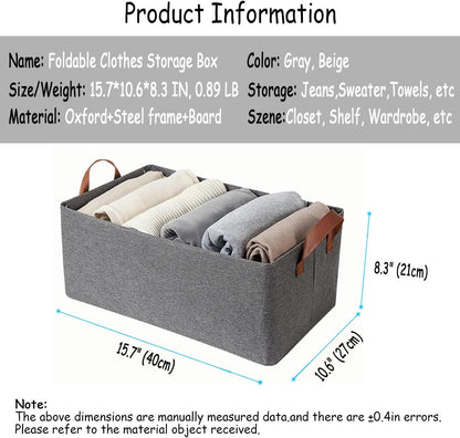 4 Pcs Closet Clothes Organizer with Handle, Closet Shelf Fabric Storage Box Steel Frame, Stackable Shelf Storage Baskets Foldable Wardrobe Storage Box for Clothes Pants, 23L (2 Gray 2 Beige)
