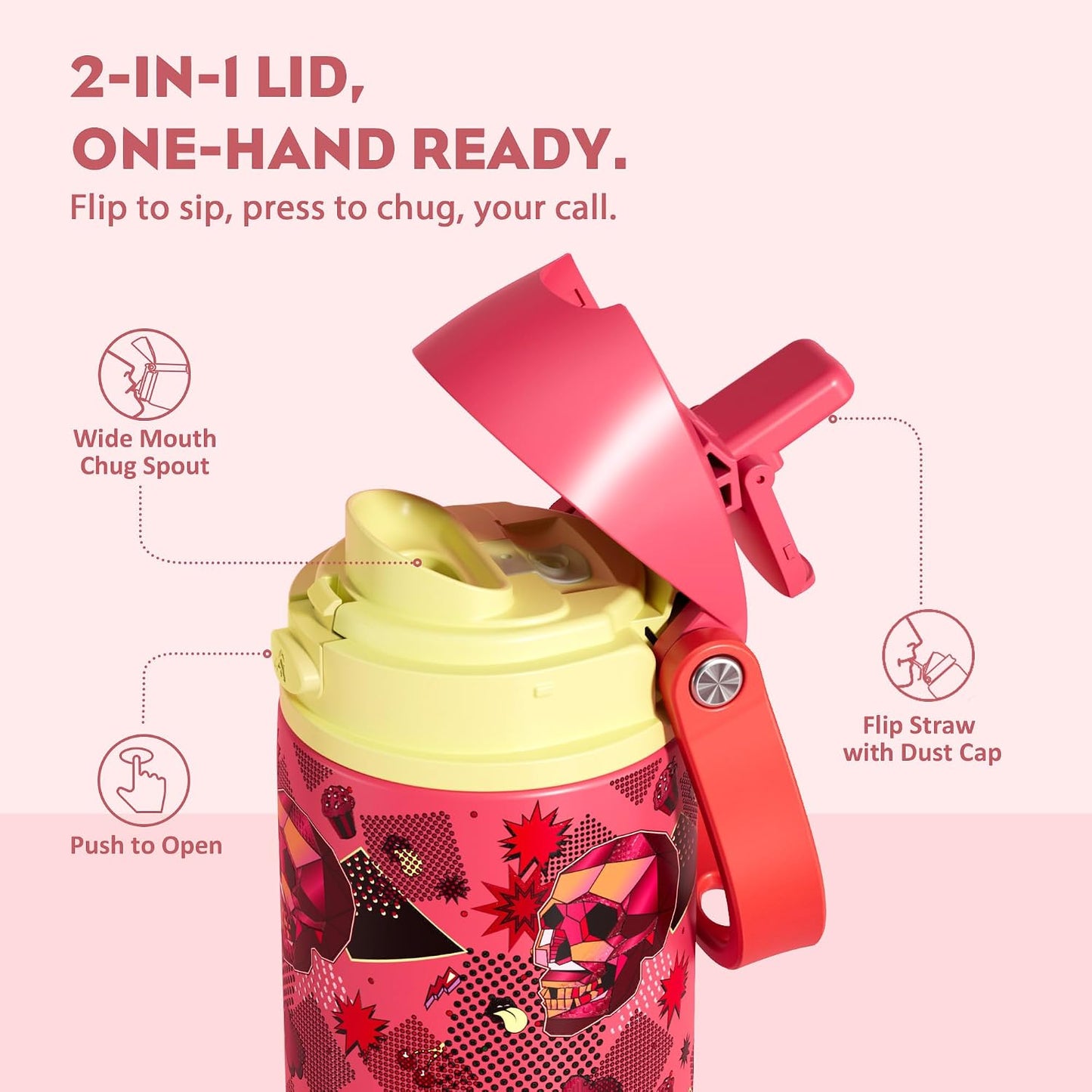 24 oz Travel Water Bottle: 2-in-1 Push-Button Spout & Quick-Flip Straw, Leakproof, Cold 24Hrs, Fits Car Cup Holder, Stainless Steel Cup for Sports, School, Commute, Camping (Mouse's Mischief) - Colors B