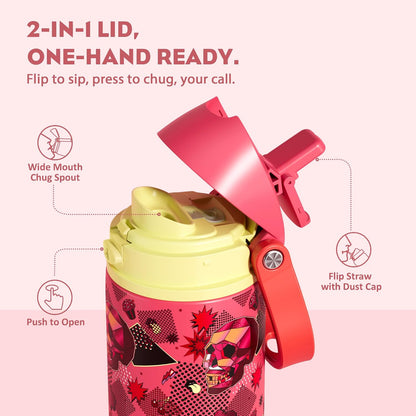 24 oz Travel Water Bottle: 2-in-1 Push-Button Spout & Quick-Flip Straw, Leakproof, Cold 24Hrs, Fits Car Cup Holder, Stainless Steel Cup for Sports, School, Commute, Camping (Mouse's Mischief) - Colors B