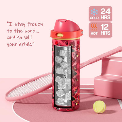 24 oz Travel Water Bottle: 2-in-1 Push-Button Spout & Quick-Flip Straw, Leakproof, Cold 24Hrs, Fits Car Cup Holder, Stainless Steel Cup for Sports, School, Commute, Camping (Mouse's Mischief) - Colors B