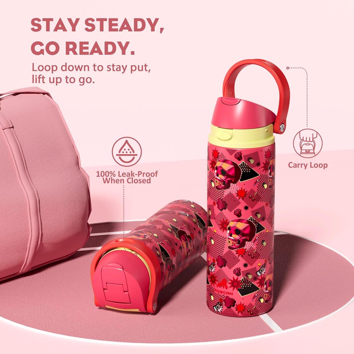 24 oz Travel Water Bottle: 2-in-1 Push-Button Spout & Quick-Flip Straw, Leakproof, Cold 24Hrs, Fits Car Cup Holder, Stainless Steel Cup for Sports, School, Commute, Camping (Mouse's Mischief) - Colors B