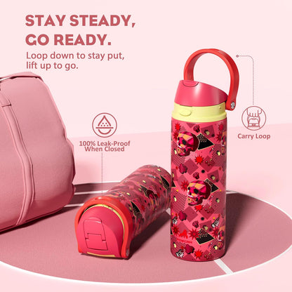 24 oz Travel Water Bottle: 2-in-1 Push-Button Spout & Quick-Flip Straw, Leakproof, Cold 24Hrs, Fits Car Cup Holder, Stainless Steel Cup for Sports, School, Commute, Camping (Mouse's Mischief) - Colors B