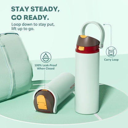 24 oz Travel Water Bottle: 2-in-1 Push-Button Spout & Quick-Flip Straw, Leakproof, Cold 24Hrs, Fits Car Cup Holder, Stainless Steel Cup for Sports, School, Commute, Camping (Mouse's Mischief) - Colors B