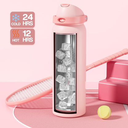 24 oz Travel Water Bottle: 2-in-1 Push-Button Spout & Quick-Flip Straw, Leakproof, Cold 24Hrs, Fits Car Cup Holder, Stainless Steel Cup for Sports, School, Commute, Camping (Mouse's Mischief) - Colors B