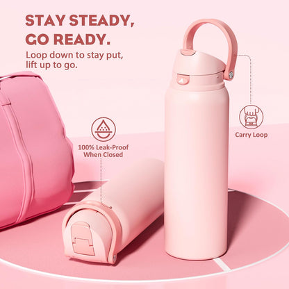 24 oz Travel Water Bottle: 2-in-1 Push-Button Spout & Quick-Flip Straw, Leakproof, Cold 24Hrs, Fits Car Cup Holder, Stainless Steel Cup for Sports, School, Commute, Camping (Mouse's Mischief) - Colors B