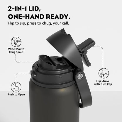 24 oz Travel Water Bottle: 2-in-1 Push-Button Spout & Quick-Flip Straw, Leakproof, Cold 24Hrs, Fits Car Cup Holder, Stainless Steel Cup for Sports, School, Commute, Camping (Mouse's Mischief) - Colors B