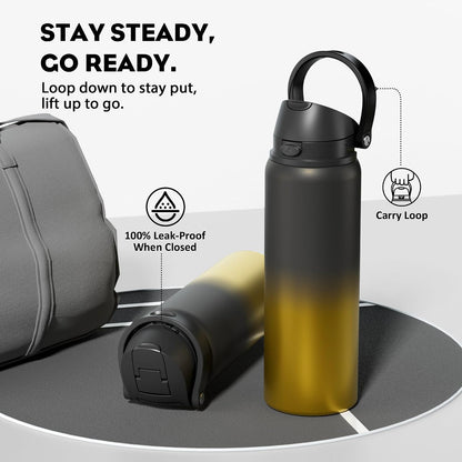 24 oz Travel Water Bottle: 2-in-1 Push-Button Spout & Quick-Flip Straw, Leakproof, Cold 24Hrs, Fits Car Cup Holder, Stainless Steel Cup for Sports, School, Commute, Camping (Mouse's Mischief) - Colors B