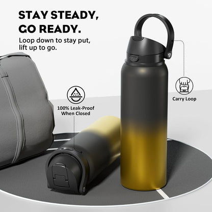 24 oz Travel Water Bottle: 2-in-1 Push-Button Spout & Quick-Flip Straw, Leakproof, Cold 24Hrs, Fits Car Cup Holder, Stainless Steel Cup for Sports, School, Commute, Camping (Mouse's Mischief) - Colors B
