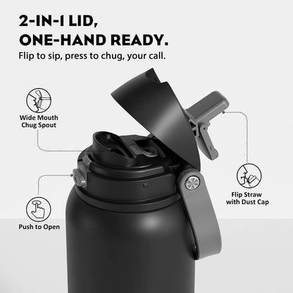 24 oz Travel Water Bottle: 2-in-1 Push-Button Spout & Quick-Flip Straw, Leakproof, Cold 24Hrs, Fits Car Cup Holder, Stainless Steel Cup for Sports, School, Commute, Camping (Mouse's Mischief) - Colors B