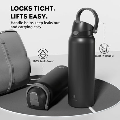 24 oz Travel Water Bottle: 2-in-1 Push-Button Spout & Quick-Flip Straw, Leakproof, Cold 24Hrs, Fits Car Cup Holder, Stainless Steel Cup for Sports, School, Commute, Camping (Mouse's Mischief) - Colors B