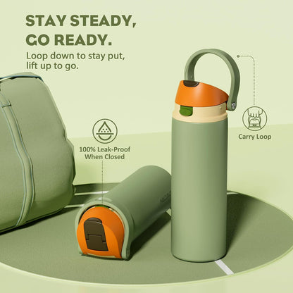 24 oz Travel Water Bottle: 2-in-1 Push-Button Spout & Quick-Flip Straw, Leakproof, Cold 24Hrs, Fits Car Cup Holder, Stainless Steel Cup for Sports, School, Commute, Camping (Mouse's Mischief) - Colors B
