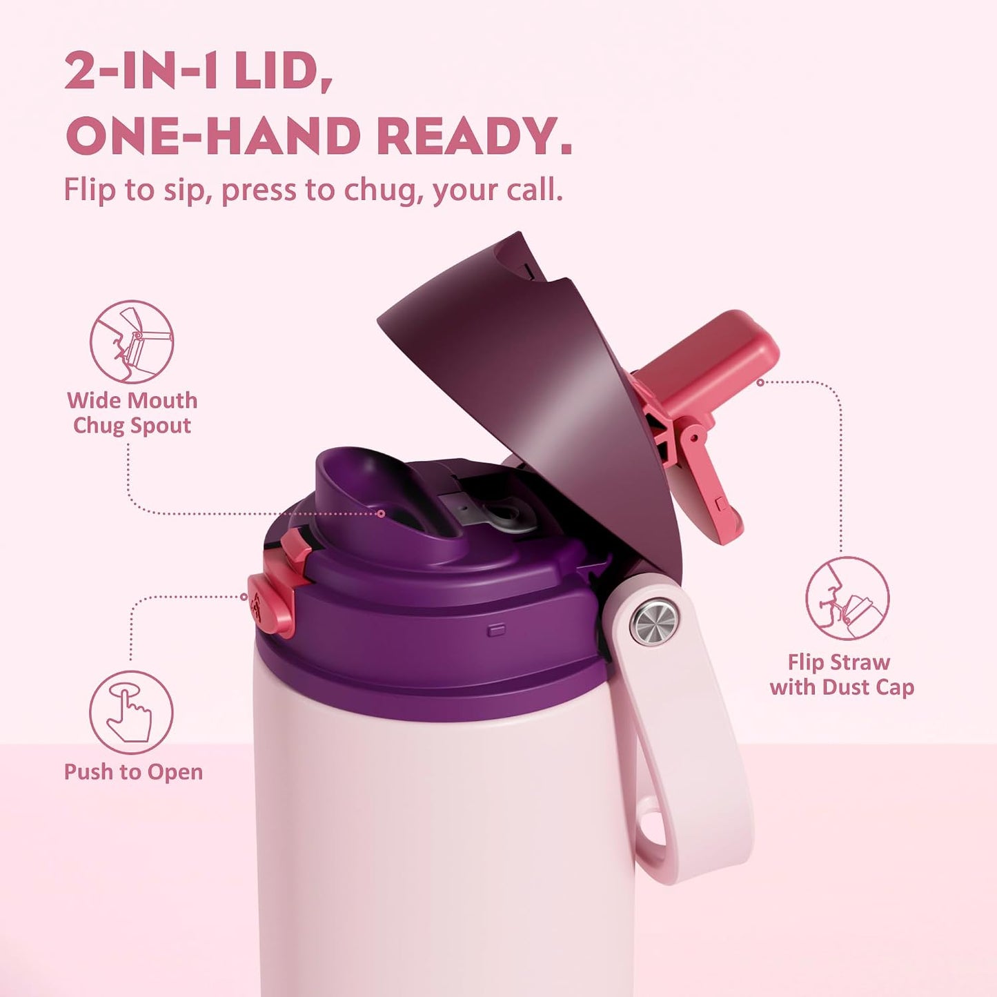 24 oz Travel Water Bottle: 2-in-1 Push-Button Spout & Quick-Flip Straw, Leakproof, Cold 24Hrs, Fits Car Cup Holder, Stainless Steel Cup for Sports, School, Commute, Camping (Mouse's Mischief) - Colors B