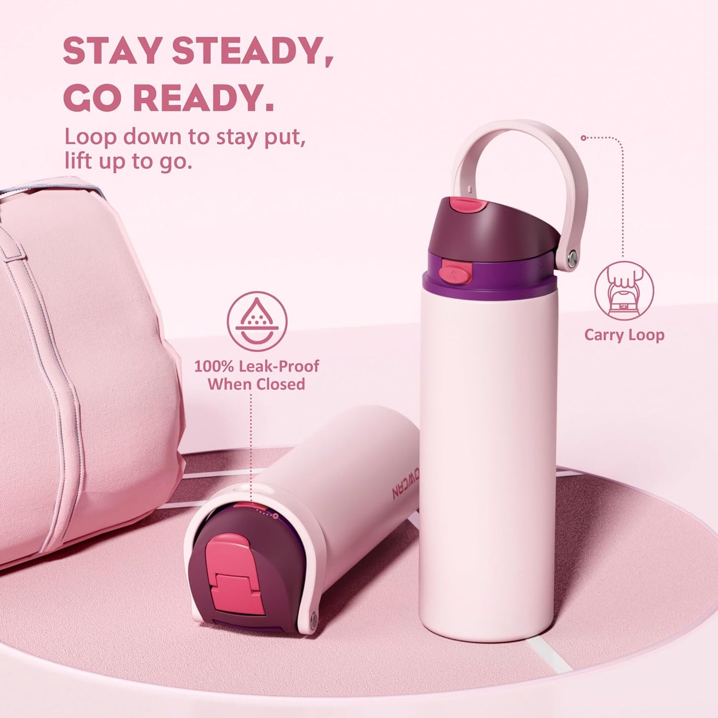 24 oz Travel Water Bottle: 2-in-1 Push-Button Spout & Quick-Flip Straw, Leakproof, Cold 24Hrs, Fits Car Cup Holder, Stainless Steel Cup for Sports, School, Commute, Camping (Mouse's Mischief) - Colors B
