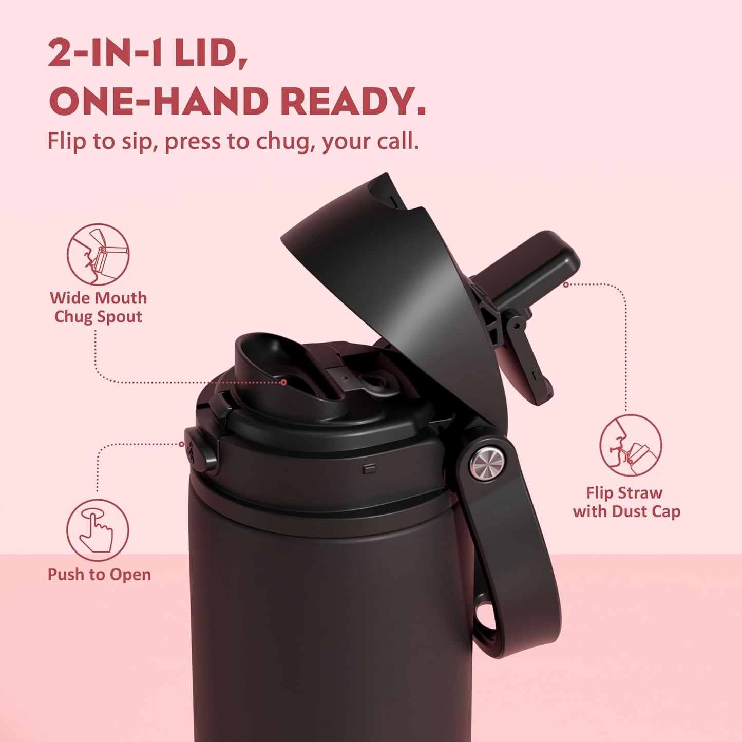 24 oz Travel Water Bottle: 2-in-1 Push-Button Spout & Quick-Flip Straw, Leakproof, Cold 24Hrs, Fits Car Cup Holder, Stainless Steel Cup for Sports, School, Commute, Camping (Mouse's Mischief) - Colors B