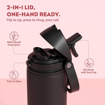24 oz Travel Water Bottle: 2-in-1 Push-Button Spout & Quick-Flip Straw, Leakproof, Cold 24Hrs, Fits Car Cup Holder, Stainless Steel Cup for Sports, School, Commute, Camping (Mouse's Mischief) - Colors B