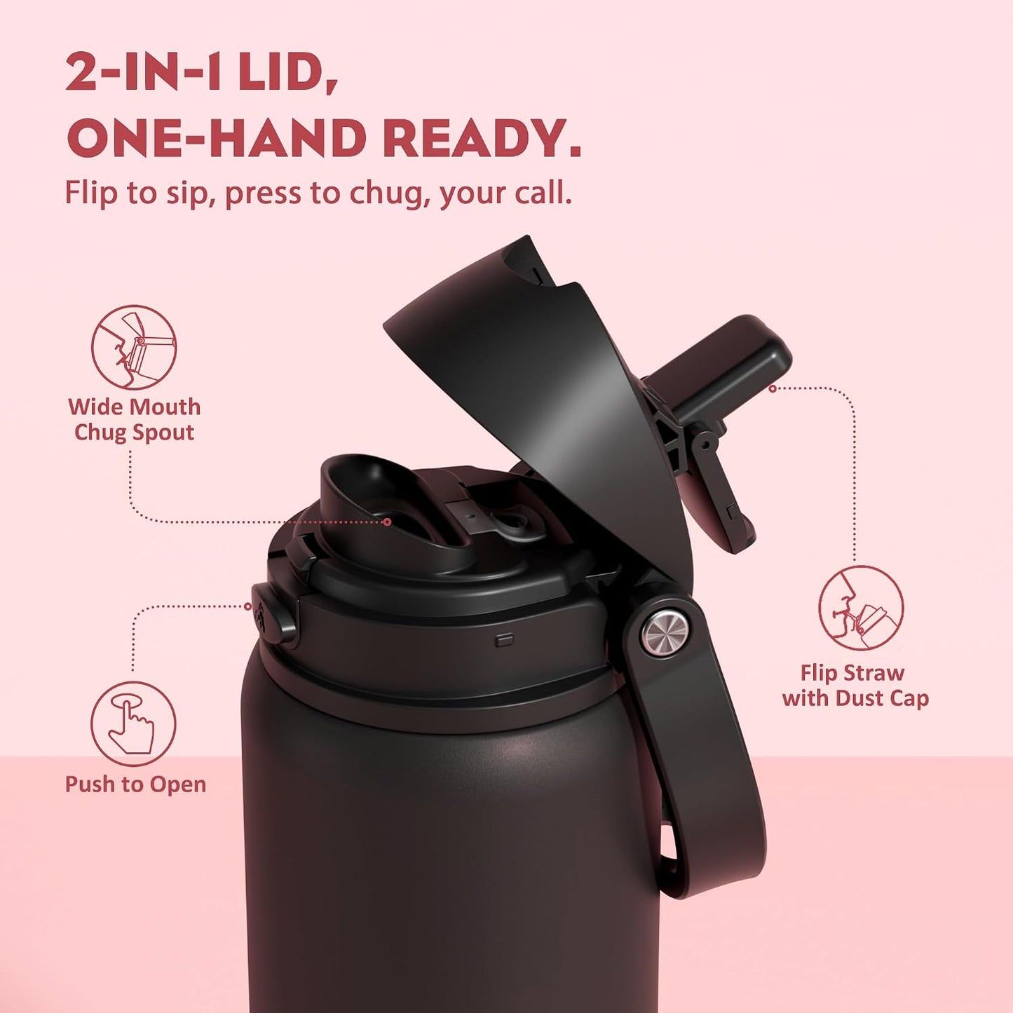 24 oz Travel Water Bottle: 2-in-1 Push-Button Spout & Quick-Flip Straw, Leakproof, Cold 24Hrs, Fits Car Cup Holder, Stainless Steel Cup for Sports, School, Commute, Camping (Mouse's Mischief) - Colors B