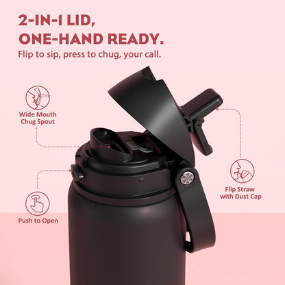 24 oz Travel Water Bottle: 2-in-1 Push-Button Spout & Quick-Flip Straw, Leakproof, Cold 24Hrs, Fits Car Cup Holder, Stainless Steel Cup for Sports, School, Commute, Camping (Mouse's Mischief) - Colors B