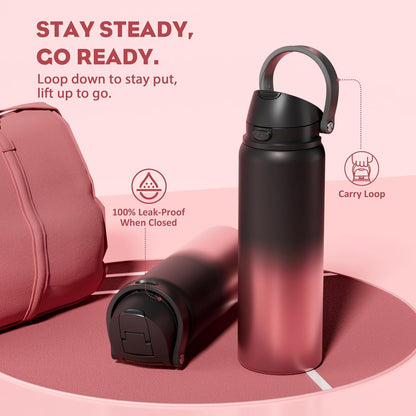 24 oz Travel Water Bottle: 2-in-1 Push-Button Spout & Quick-Flip Straw, Leakproof, Cold 24Hrs, Fits Car Cup Holder, Stainless Steel Cup for Sports, School, Commute, Camping (Mouse's Mischief) - Colors B