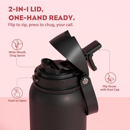 24 oz Travel Water Bottle: 2-in-1 Push-Button Spout & Quick-Flip Straw, Leakproof, Cold 24Hrs, Fits Car Cup Holder, Stainless Steel Cup for Sports, School, Commute, Camping (Mouse's Mischief) - Colors B