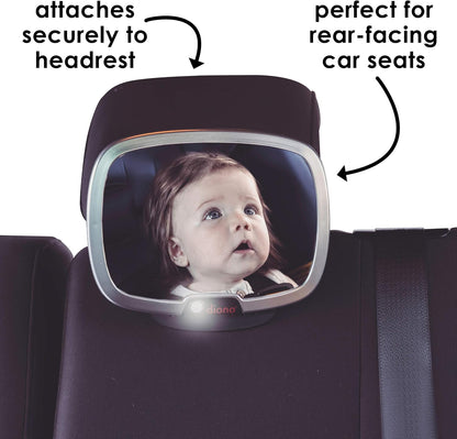 Easy View Plus Baby Car Mirror with Light, Safety Car Seat Mirror for Rear Facing Infant with 360 Rotation, LED Night Light, Wide Crystal Clear View, Shatterproof, Crash Tested