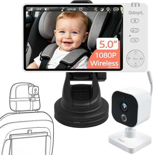 Wireless Baby Car Camera, 1080P HD IR Auto Night Vision, 360° Rotating Rear Facing Baby Monitor, 5" Display 4X Zoom, USB Powered Backseat Camera with 8 Lullabies VOX Temp Alarm & Infant Feed Reminder