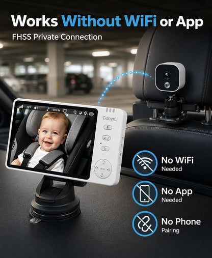 Wireless Baby Car Camera, 1080P HD IR Auto Night Vision, 360° Rotating Rear Facing Baby Monitor, 5" Display 4X Zoom, USB Powered Backseat Camera with 8 Lullabies VOX Temp Alarm & Infant Feed Reminder
