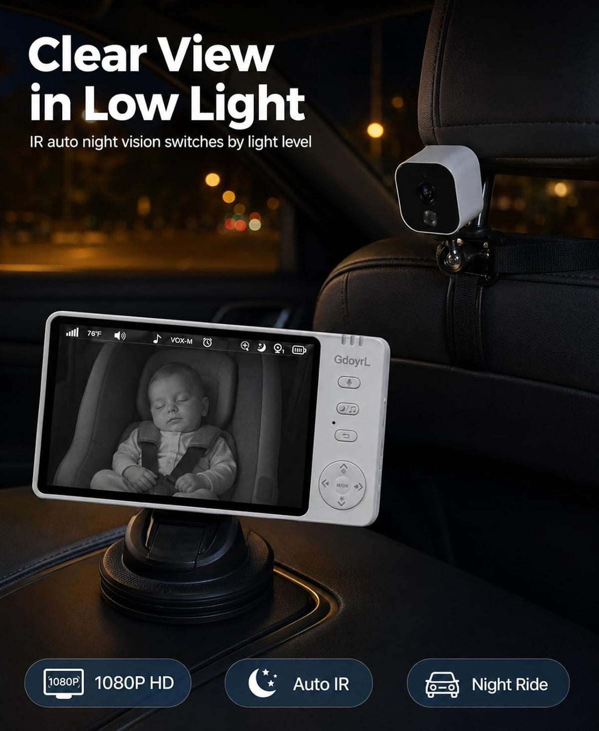 Wireless Baby Car Camera, 1080P HD IR Auto Night Vision, 360° Rotating Rear Facing Baby Monitor, 5" Display 4X Zoom, USB Powered Backseat Camera with 8 Lullabies VOX Temp Alarm & Infant Feed Reminder