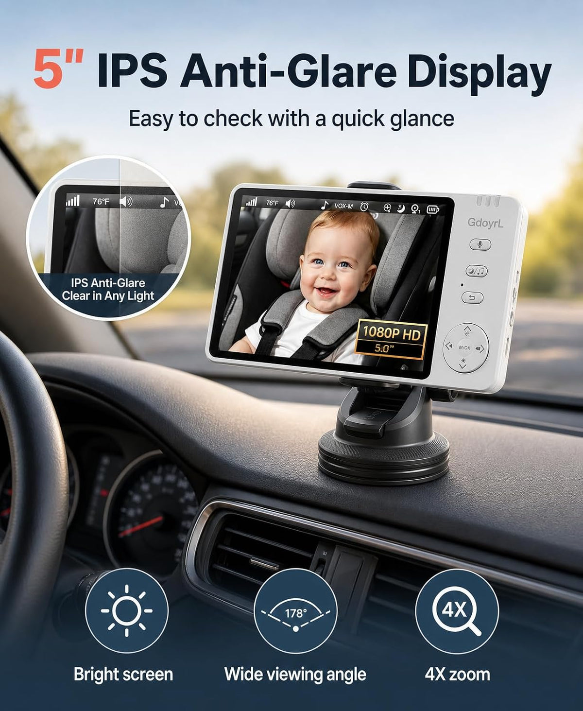 Wireless Baby Car Camera, 1080P HD IR Auto Night Vision, 360° Rotating Rear Facing Baby Monitor, 5" Display 4X Zoom, USB Powered Backseat Camera with 8 Lullabies VOX Temp Alarm & Infant Feed Reminder