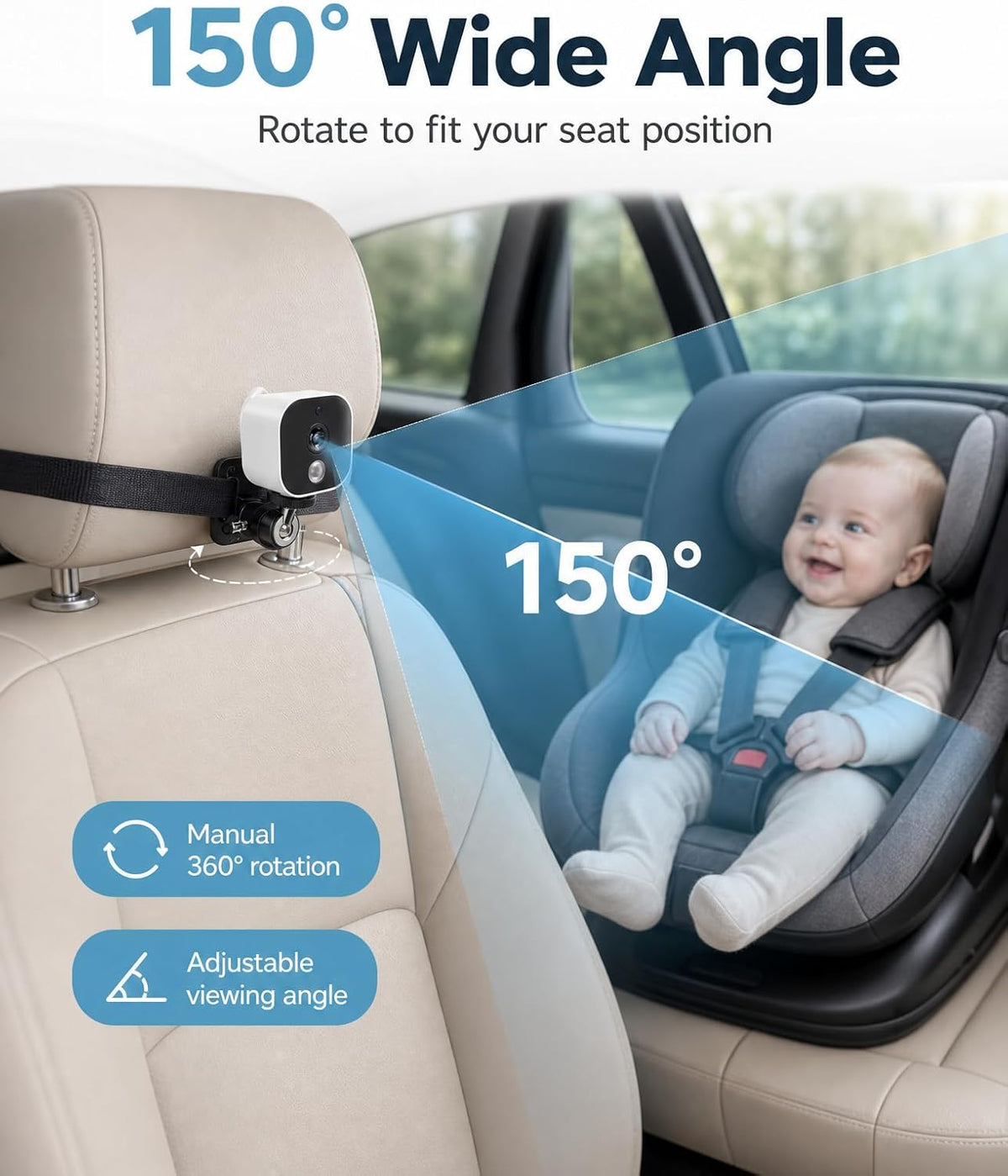 Wireless Baby Car Camera, 1080P HD IR Auto Night Vision, 360° Rotating Rear Facing Baby Monitor, 5" Display 4X Zoom, USB Powered Backseat Camera with 8 Lullabies VOX Temp Alarm & Infant Feed Reminder