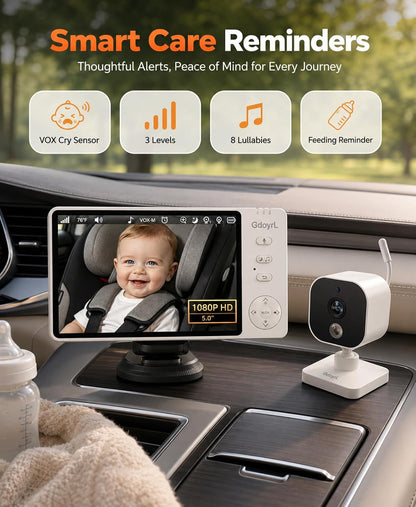 Wireless Baby Car Camera, 1080P HD IR Auto Night Vision, 360° Rotating Rear Facing Baby Monitor, 5" Display 4X Zoom, USB Powered Backseat Camera with 8 Lullabies VOX Temp Alarm & Infant Feed Reminder