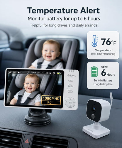 Wireless Baby Car Camera, 1080P HD IR Auto Night Vision, 360° Rotating Rear Facing Baby Monitor, 5" Display 4X Zoom, USB Powered Backseat Camera with 8 Lullabies VOX Temp Alarm & Infant Feed Reminder